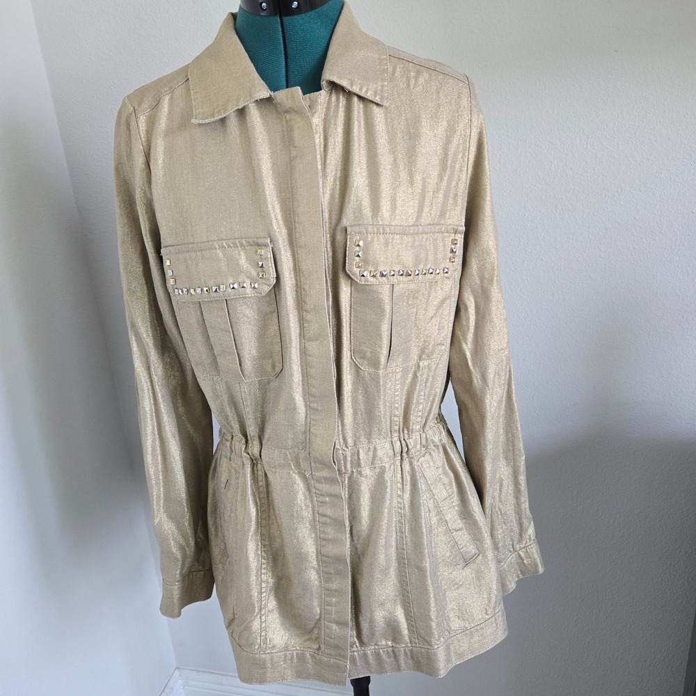 Boston Proper Utility Jacket Women Small Gold Metallic Linen Blend Studded